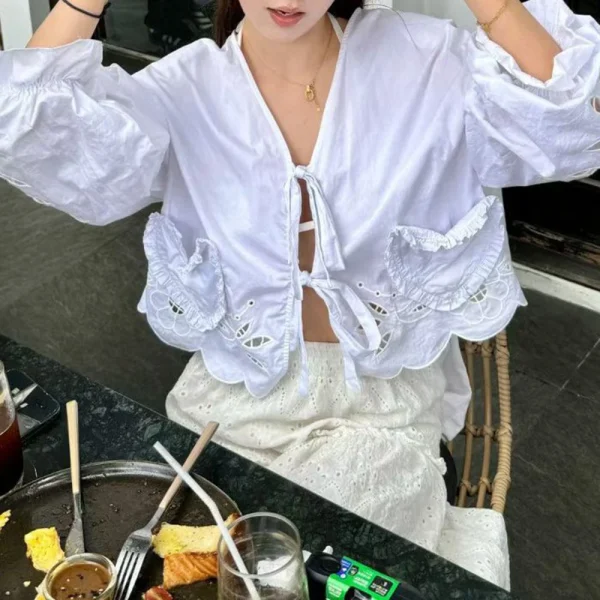 Casual Spliced Pocket V Neck Long Sleeve Loose Office Lady Shirts - Image 3
