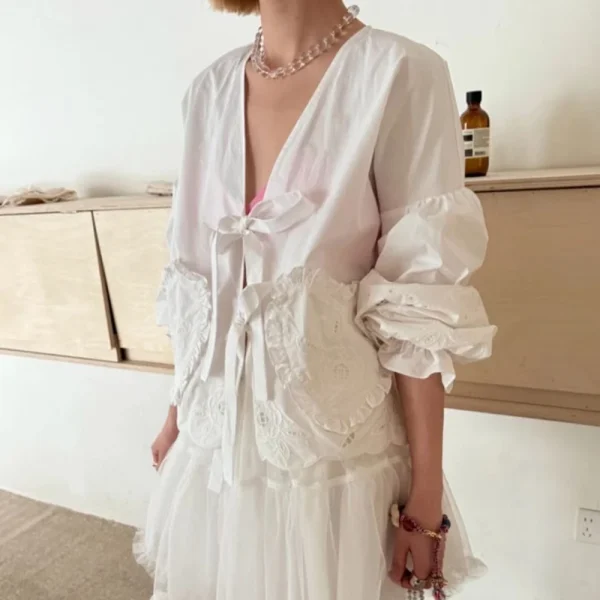 Casual Spliced Pocket V Neck Long Sleeve Loose Office Lady Shirts - Image 5