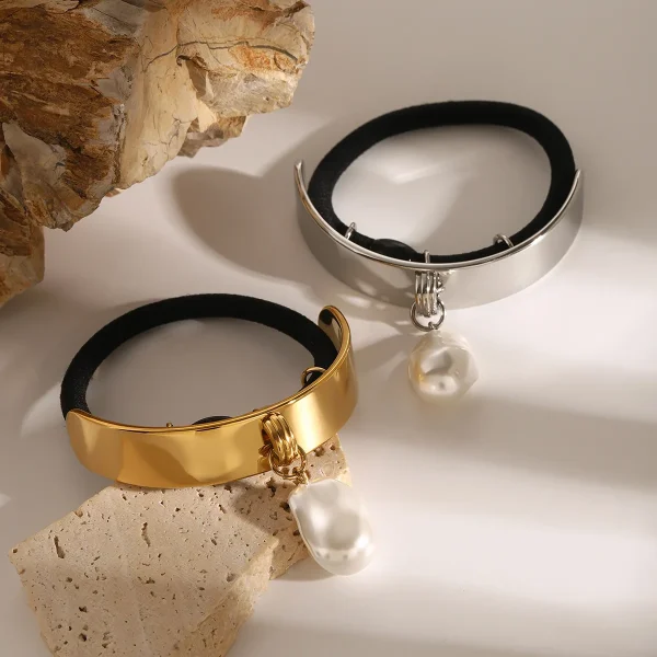 Casual Stainless Steel Metal Waterproof Headbands Pearl Rope Scrunchies Ponytail Elastic Hair Bands - Image 2