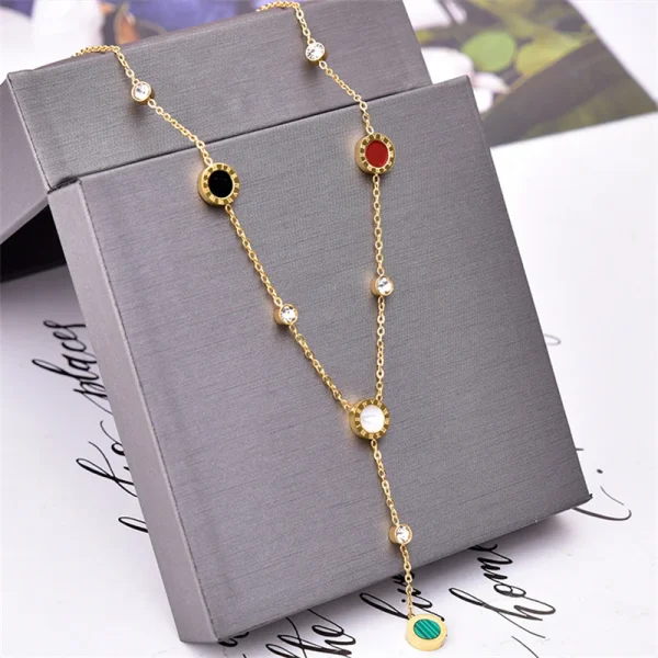 Casual Stainless Steel Natural Shells Zircon Circle Charm Chain Pendants Choker Necklaces - Image 2