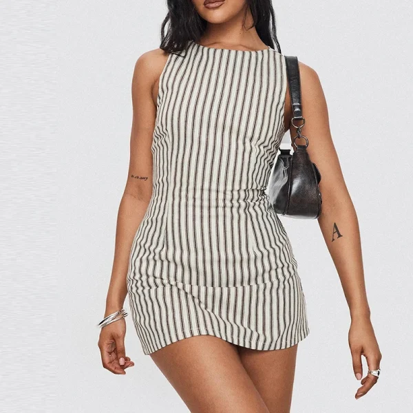 Casual Striped Print Round Neck Sleeveless Party Lace-Up Waist A-Line Dress - Image 2