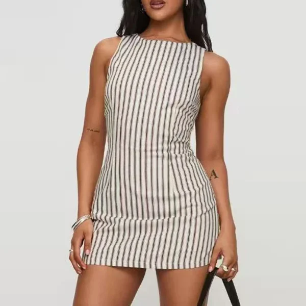Casual Striped Print Round Neck Sleeveless Party Lace-Up Waist A-Line Dress - Image 3