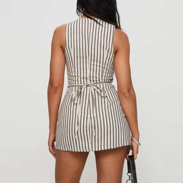 Casual Striped Print Round Neck Sleeveless Party Lace-Up Waist A-Line Dress - Image 4
