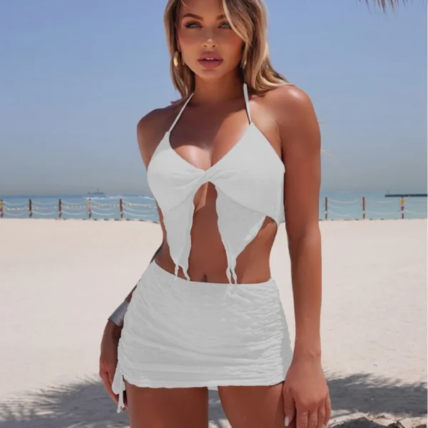 Casual Tied Halter Solid Backless Swimwear 3 Piece Skirt Bikini Set - Image 2