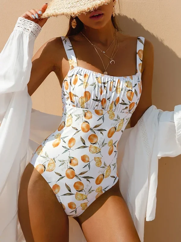 Casual Tummy Control Bandeau Fruit Print One Piece Swimsuit