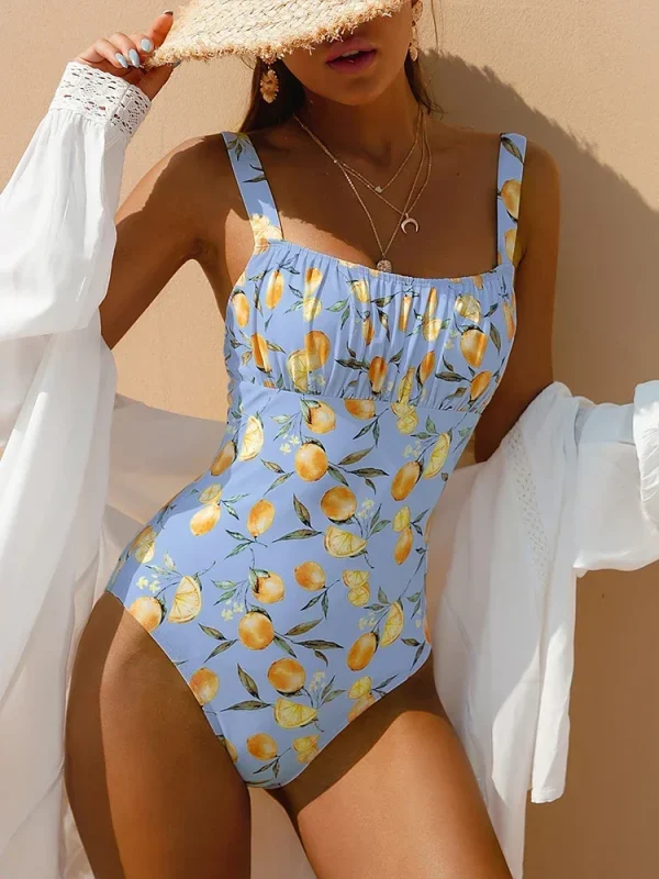 Casual Tummy Control Bandeau Fruit Print One Piece Swimsuit - Image 6
