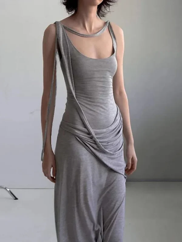 Casual U-Neck Pure Cotton Comfortable With Irregular Waistband Slimming Long Dress - Image 5