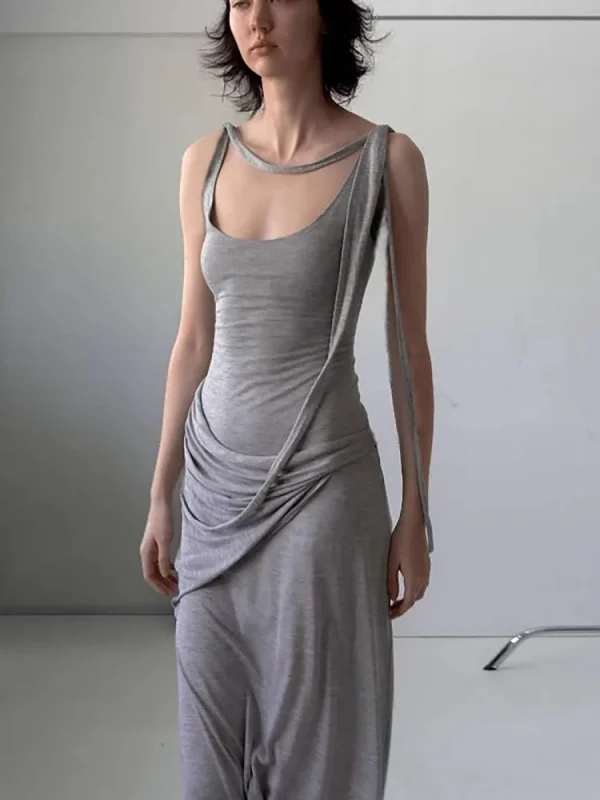 Casual U-Neck Pure Cotton Comfortable With Irregular Waistband Slimming Long Dress - Image 4