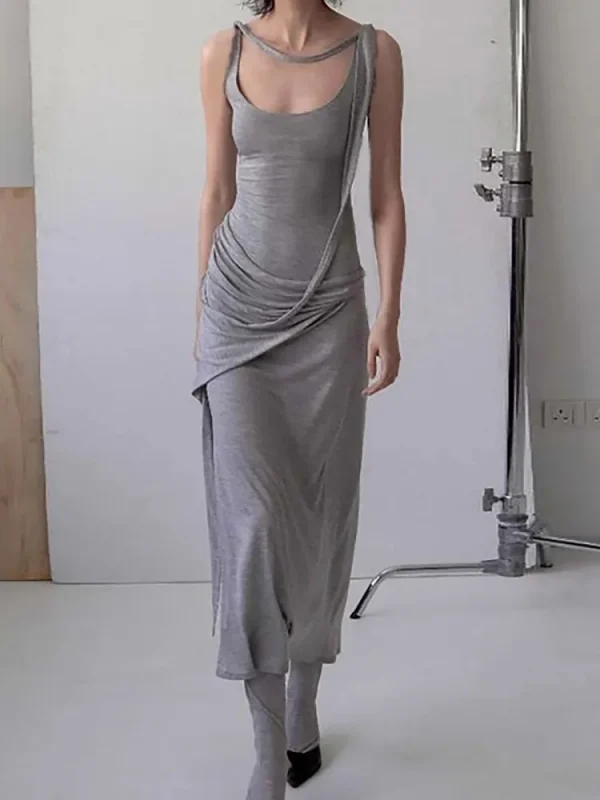 Casual U-Neck Pure Cotton Comfortable With Irregular Waistband Slimming Long Dress - Image 3