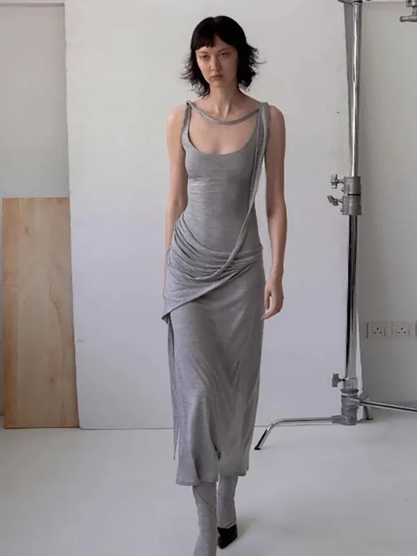Casual U-Neck Pure Cotton Comfortable With Irregular Waistband Slimming Long Dress