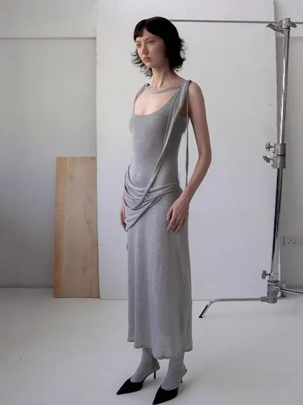 Casual U-Neck Pure Cotton Comfortable With Irregular Waistband Slimming Long Dress - Image 2