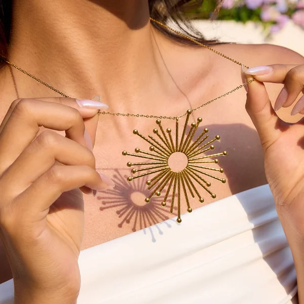 Casual Vacation Style 18K Gold Color Plated Stainless Steel Sun Hollow Pendant Necklace - Image 3