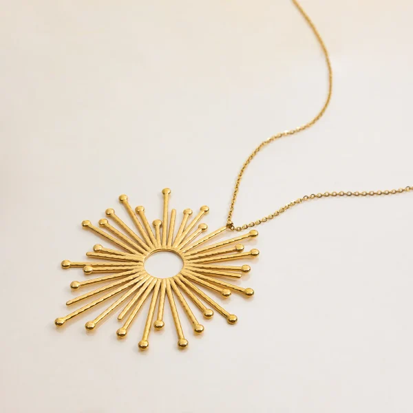 Casual Vacation Style 18K Gold Color Plated Stainless Steel Sun Hollow Pendant Necklace - Image 4