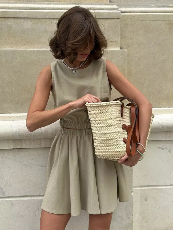 Casual Wear Cotton And Linen Sleeveless Crop Top And Mini Skirt 2 Piece Set - Image 3