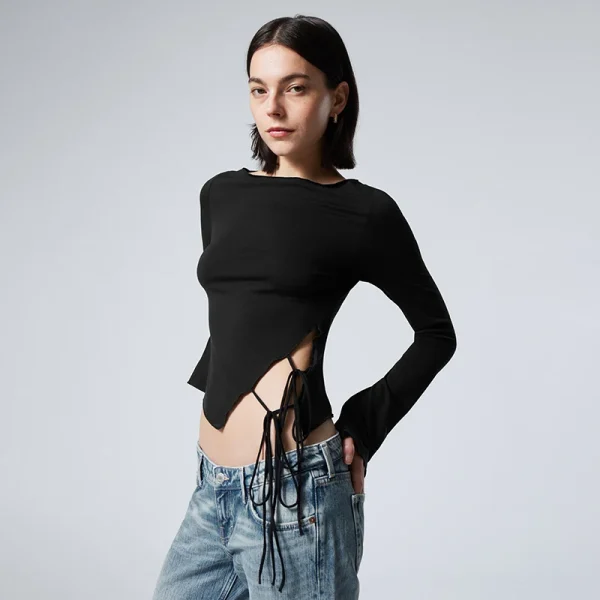 Causal Round Neck Long-Sleeved Irregular Solid Color Tie Hollowed Out Tops - Image 2