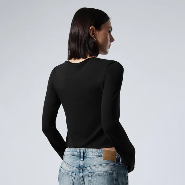 Causal Round Neck Long-Sleeved Irregular Solid Color Tie Hollowed Out Tops - Image 3
