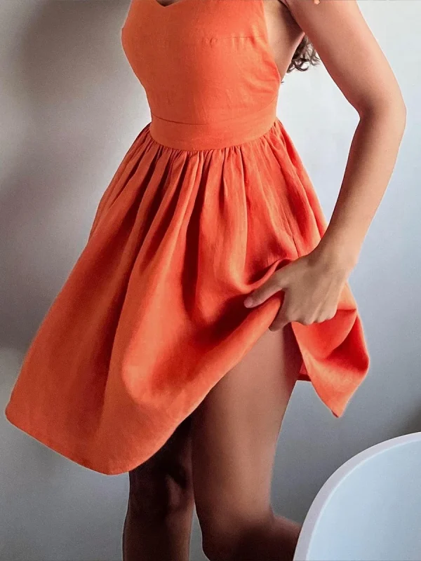 Chic Cotton Spaghetti Strap Solid Color V-neck Short Dress - Image 17