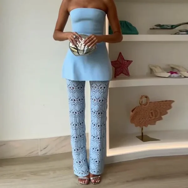 Chic Knitted Hollow Out Solid Strapless Sleeveless Tops Straight Trousers Sets - Image 3
