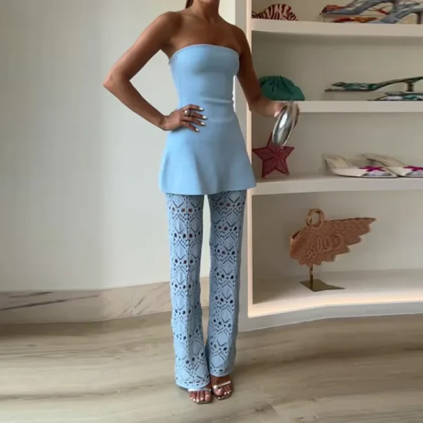 Chic Knitted Hollow Out Solid Strapless Sleeveless Tops Straight Trousers Sets - Image 4