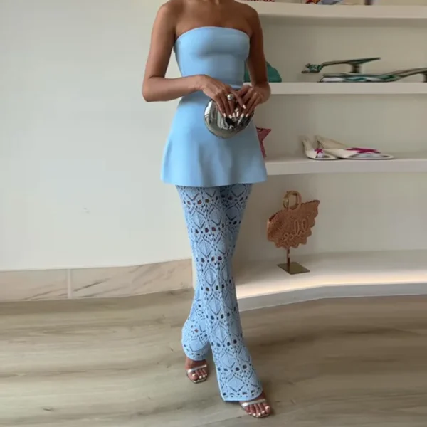 Chic Knitted Hollow Out Solid Strapless Sleeveless Tops Straight Trousers Sets - Image 5