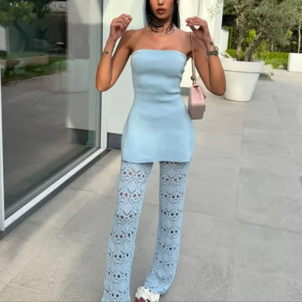 Chic Knitted Hollow Out Solid Strapless Sleeveless Tops Straight Trousers Sets - Image 6