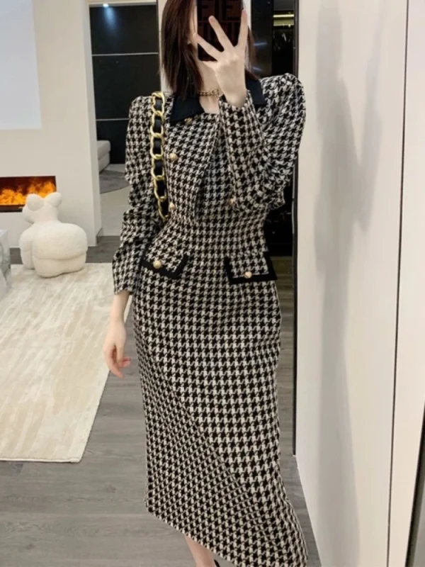 Chic Plaid Double Breasted Jackets Tops Tunic Sling Maxi Dress 2 Piece Sets