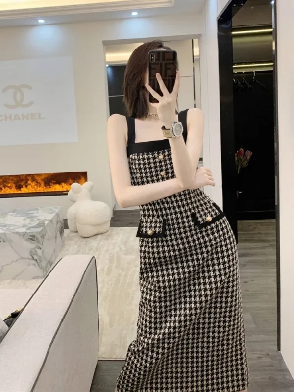 Chic Plaid Double Breasted Jackets Tops Tunic Sling Maxi Dress 2 Piece Sets - Image 4