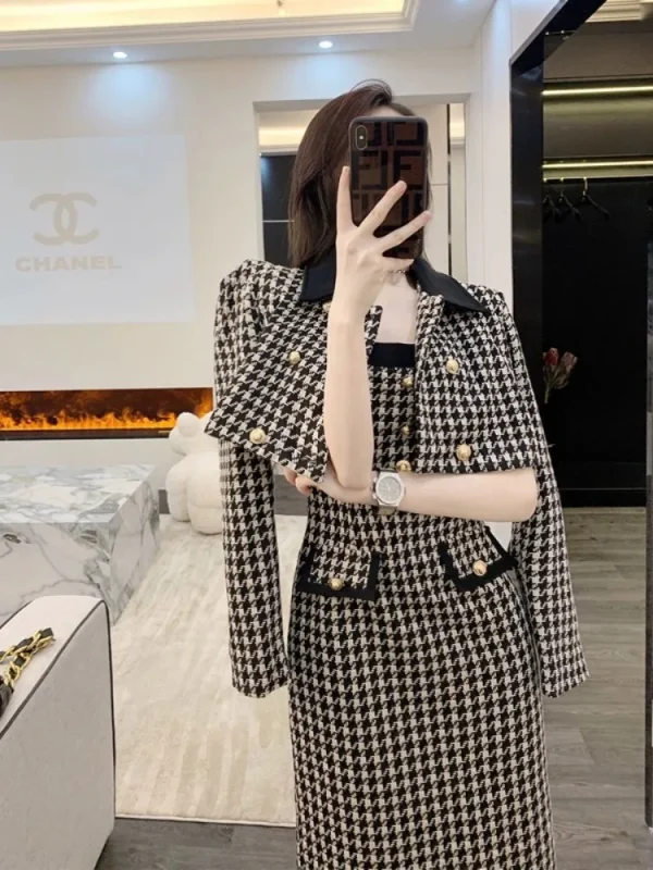 Chic Plaid Double Breasted Jackets Tops Tunic Sling Maxi Dress 2 Piece Sets - Image 3