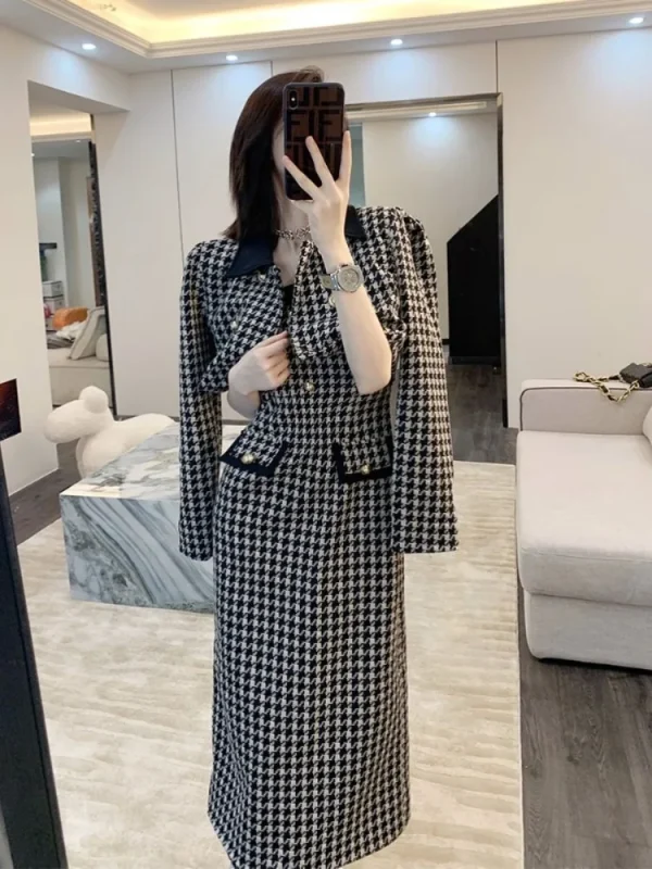 Chic Plaid Double Breasted Jackets Tops Tunic Sling Maxi Dress 2 Piece Sets - Image 2