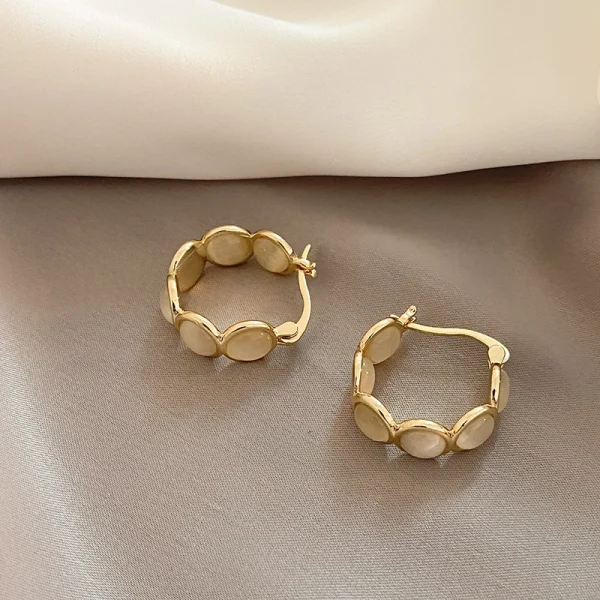 Classic Copper Alloy Design Sense Geometric Opals Round Metal Hoop Earrings - Image 6