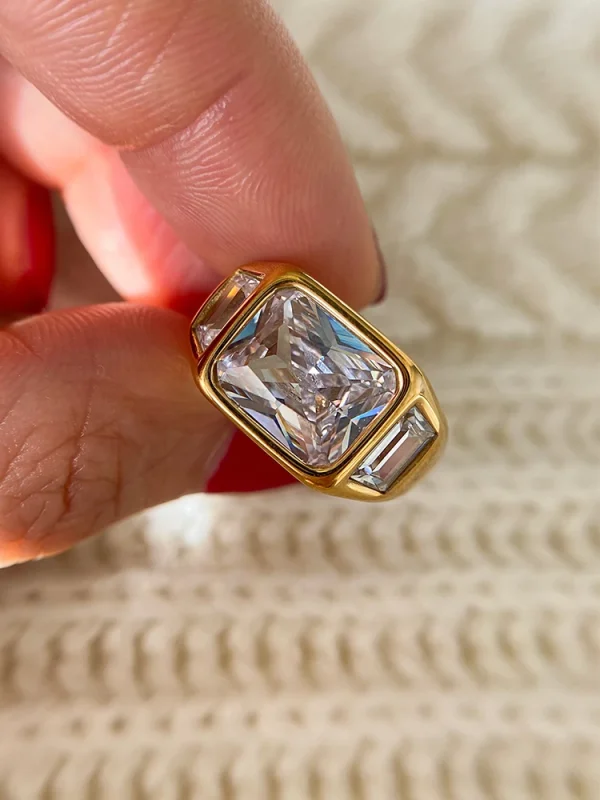 Classic Designer T Show Titanium With 18 K Gold Geo Rhinestone Band Club Cocktail Party Statement Ring - Image 7