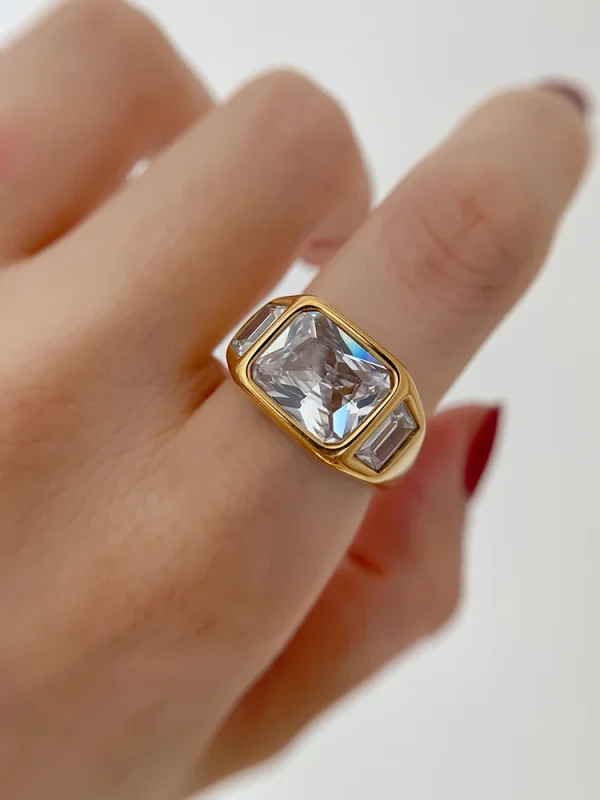 Classic Designer T Show Titanium With 18 K Gold Geo Rhinestone Band Club Cocktail Party Statement Ring - Image 5