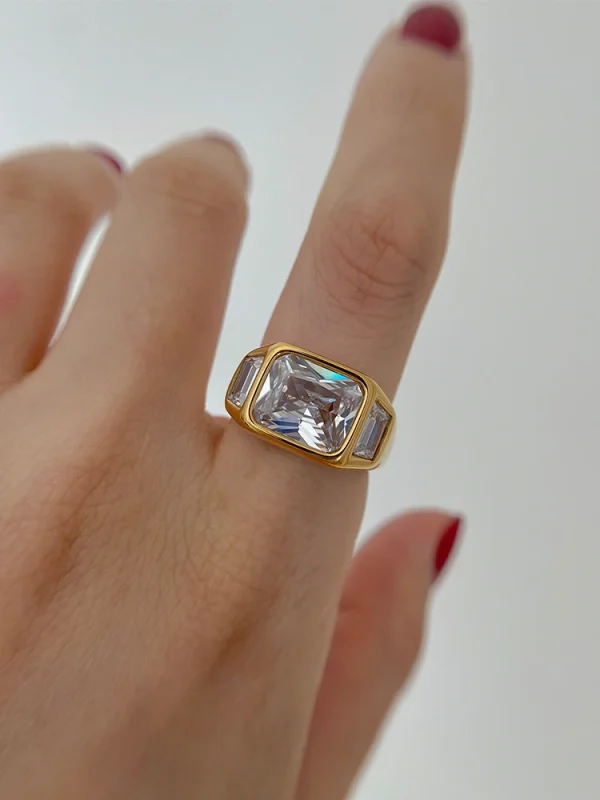 Classic Designer T Show Titanium With 18 K Gold Geo Rhinestone Band Club Cocktail Party Statement Ring - Image 6