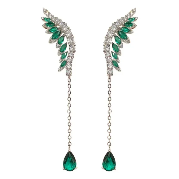 Classic Plant Cubic Zirconia Long Dangling Wing Drop Earring - Image 2