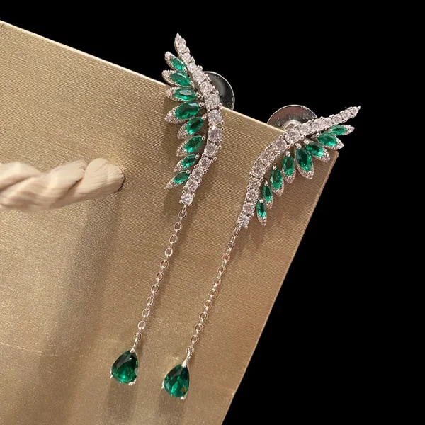 Classic Plant Cubic Zirconia Long Dangling Wing Drop Earring - Image 3