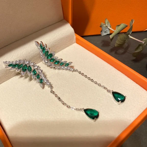 Classic Plant Cubic Zirconia Long Dangling Wing Drop Earring - Image 6