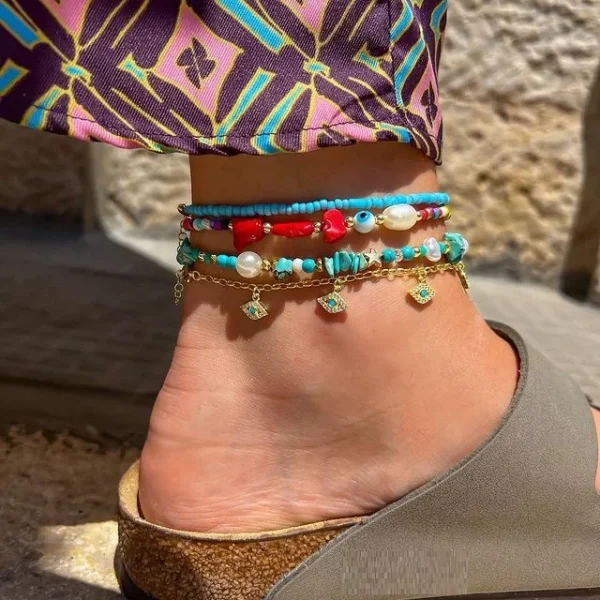 Classic Turquoise Gold Plated Turkish Evil Eye Charm Link Chain Summer Hot Selling Anklet - Image 4