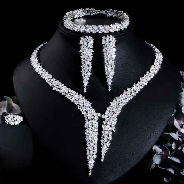 Classic Zircon Geometric Lab Diamond Wedding Ring Earring Necklace Bracelet Jewelry Set - Image 3