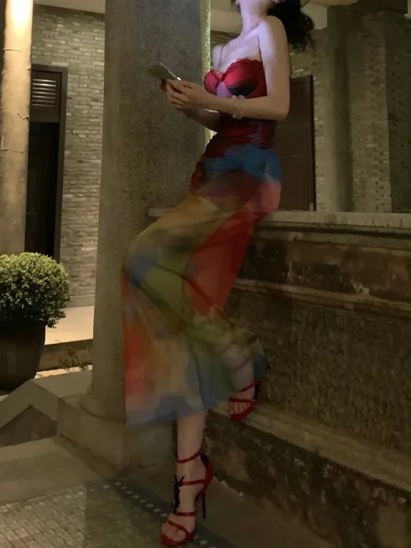 Colorful Print Patchwork Lace Mesh Low-Neck Sleeveless Backless Maxi Dress - Image 7