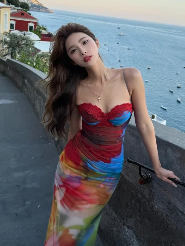 Colorful Print Patchwork Lace Mesh Low-Neck Sleeveless Backless Maxi Dress - Image 3