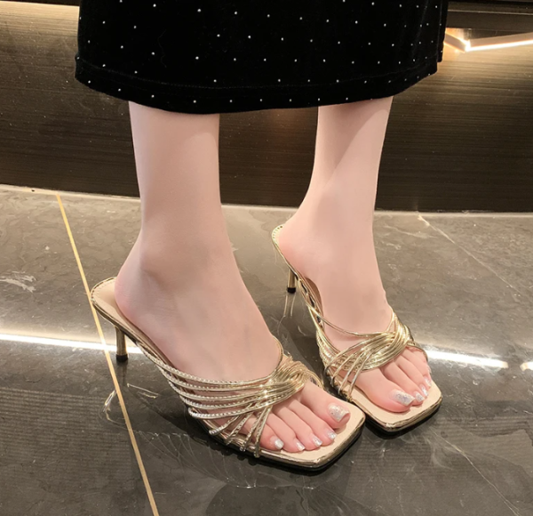 Concise Narrow Band Thin Mules Slide Evening Party High Heels Sandals