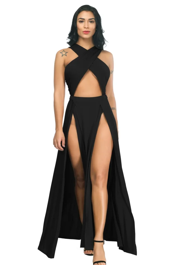 Cross Strap Off Shoulder Solid Color Split Asymmetrical Party Club Dress
