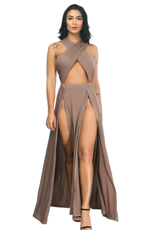 Cross Strap Off Shoulder Solid Color Split Asymmetrical Party Club Dress - Image 3