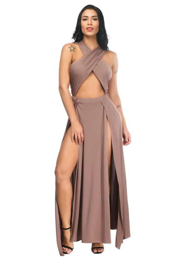 Cross Strap Off Shoulder Solid Color Split Asymmetrical Party Club Dress - Image 5