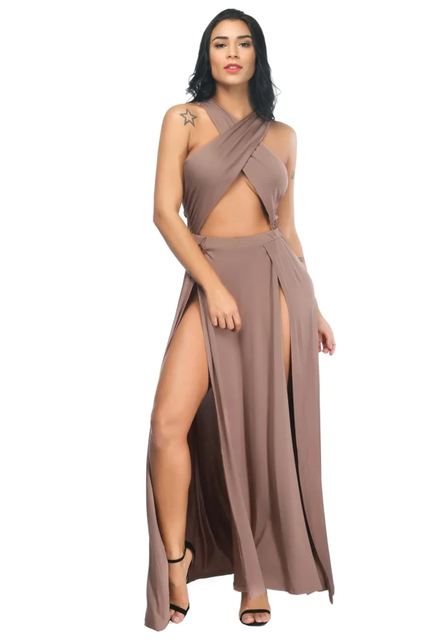Cross Strap Off Shoulder Solid Color Split Asymmetrical Party Club Dress - Image 6