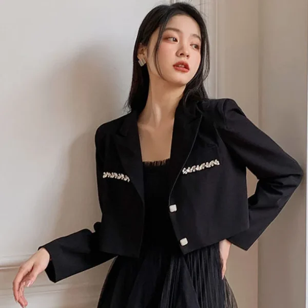 Crystal Single-Breasted Decorate Notched Collar Cropped Blazer Suit - Image 5