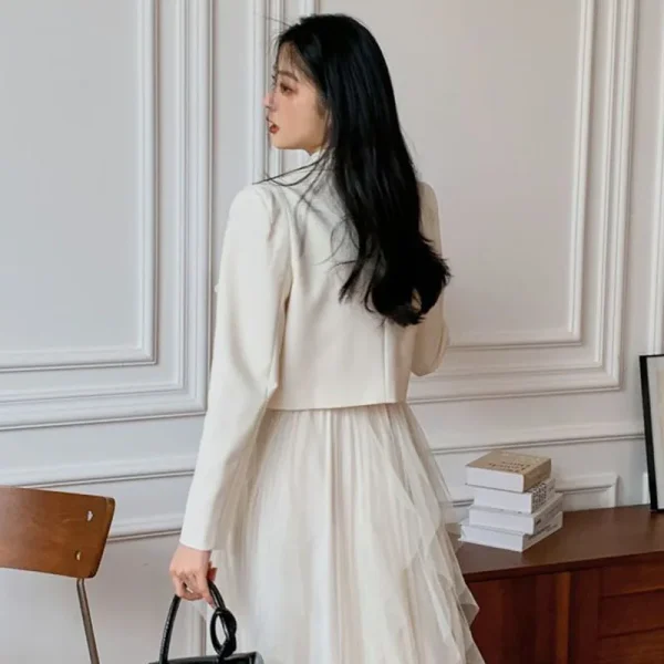 Crystal Single-Breasted Decorate Notched Collar Cropped Blazer Suit - Image 11