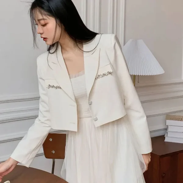 Crystal Single-Breasted Decorate Notched Collar Cropped Blazer Suit - Image 6