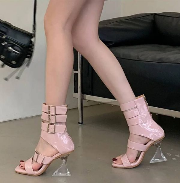 Crystal Transparent Patent Leather Strap Buckle Gladiator High Heels Sandals - Image 2