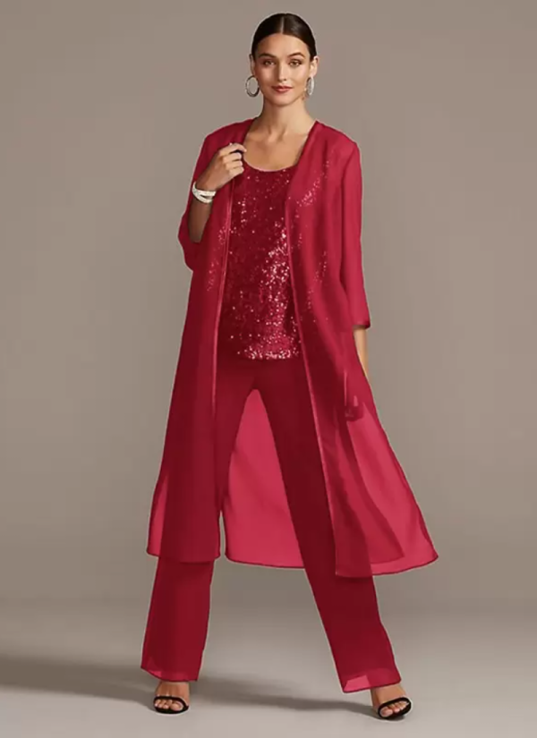 Customization Jewel Neck 3/4 Length Sleeves A-Line Sequins Long 3-Piece Set - Image 2